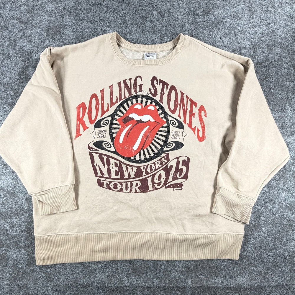 The Rolling Stones Sweatshirt Womens 2XL Beige Fleece New York Tour 1975 Graphic